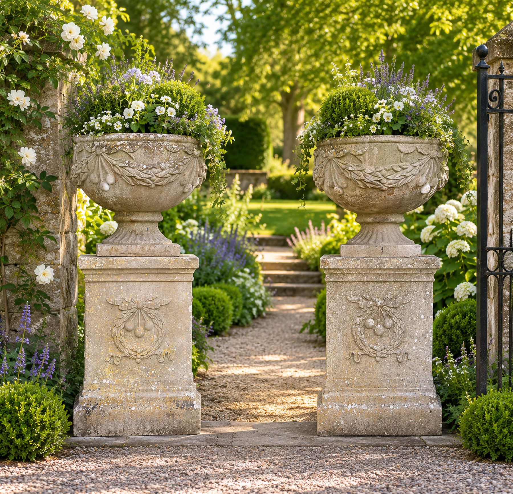 Pair of quality Neoclassical design Haddonstone cast stone garden urns, the globular  body decorated with relief foliate festoons and fruiting motifs, over a fluted socle, the rectangular pedestals with relief foliate wreaths and ribbon garlands