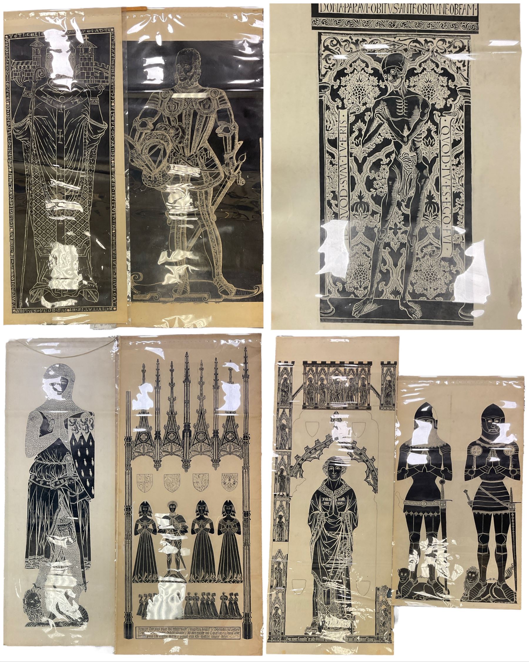 Collection large Brass Rubbings to include: 'Sir Robert de Bures (c.1331)', Knight 'Robert Ingylton' with Three Wives, 'Sir John d'Aubernoun II', 'Sir William Fitzralph (c.1323)', 'Sir John de Creke and Wife Alyne (c.1325)', 'Sir Thomas Swynborne and Father Sir Robert' and others max 280cm x 102cm (13) (unframed)