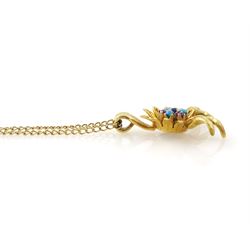 18ct gold ruby, sapphire and turquoise flower head pendant, set with single sapphire, surrounded by six alternate rubies and turquoise stones, on a 9ct gold fine curb link chain necklace, hallmarked