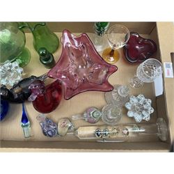 Quantity of glass to include green glass trumpet vase with frilled rim, art glass birds, glasses, scent bottles etc