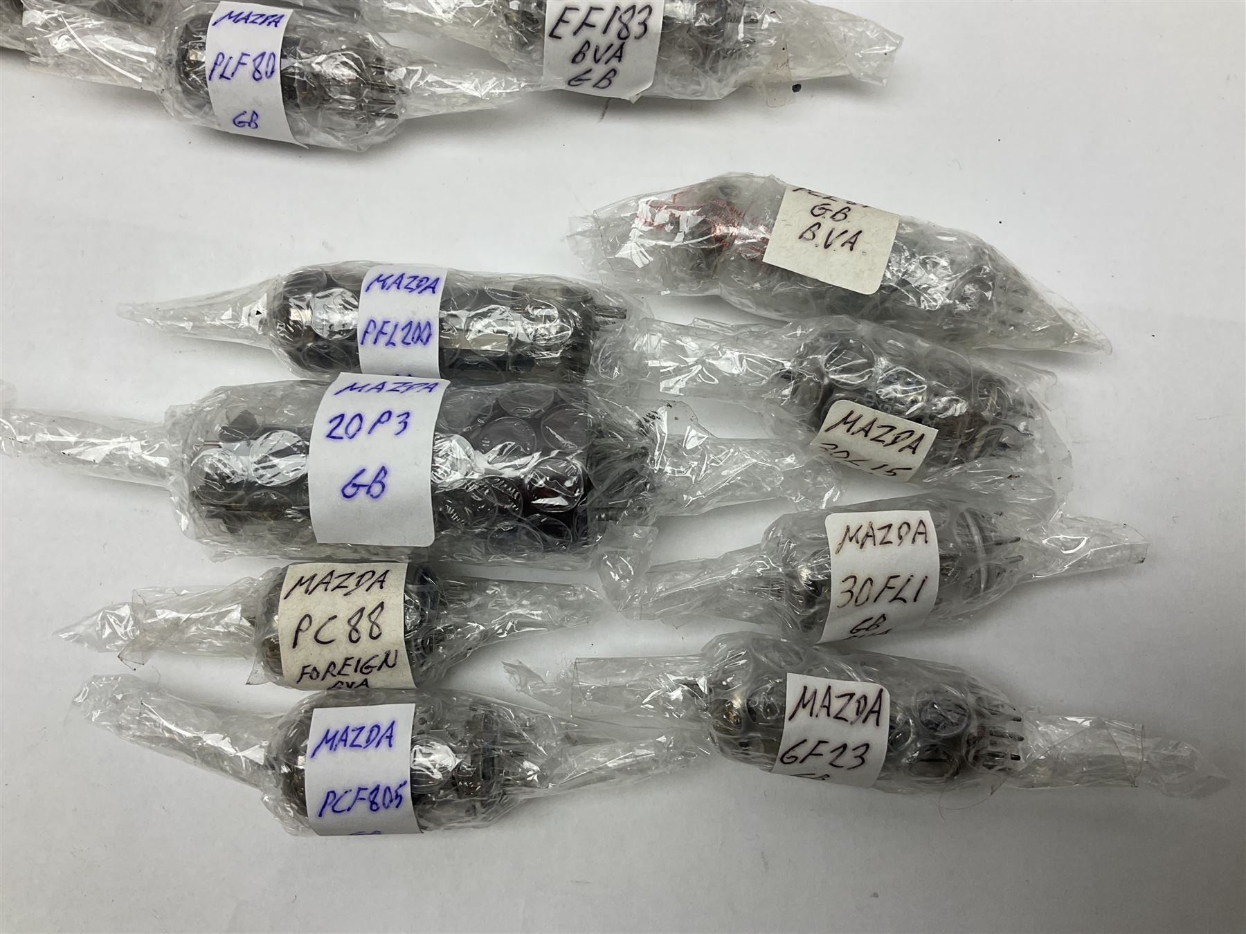 Collection of Mazda thermionic radio valves/vacuum tubes, including EH90, U26, PCF84, U26 approximately 55