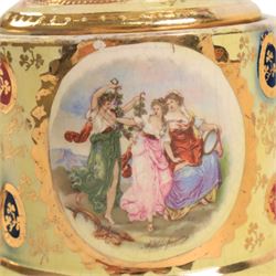Large Royal Vienna covered urn, the central panels decorated with dancing figures and gilt detail, with twisted handles, H56cm