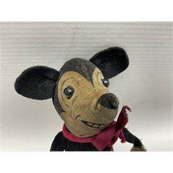 Deans Rag Book Mickey Mouse soft toy, circa 1930's, black velveteen head and body, with cream face and hands, red shorts and yellow felt shoes, marked Reg. No. 750811 to neck H19cm