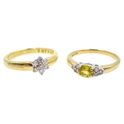  18ct gold diamond flower cluster ring and 9ct gold citrine and diamond ring, both hallmarked  