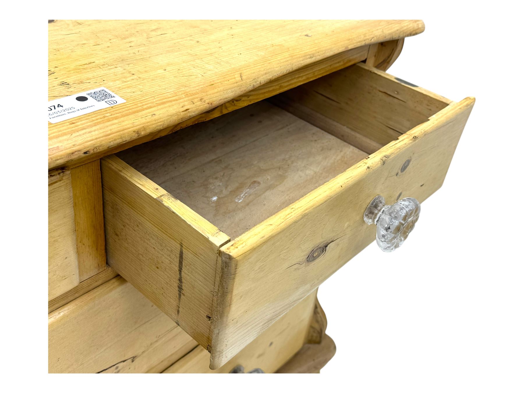 19th century continental pine chest, shaped serpentine top over two short and two long graduated drawers, on turned bun supports