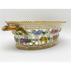 Royal Copenhagen Flora Danica basket, with naturalistically modelled vine handles and reticulated sides detailed with polychrome forget-me-nots, the interior decorated with a botanical study of 'Anagallis arvensis', sprigs and a gilt border, with printed and painted marks beneath, H8cm L26cm 

