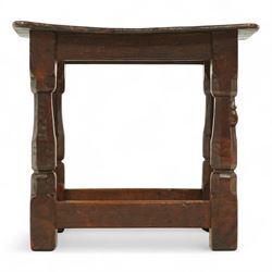 Mouseman - 1930s adzed oak joint stool, dished figured burr oak seat, on shaped octagonal supports joined by stretchers, carved with mouse signature, by Robert Thompson of Kilburn