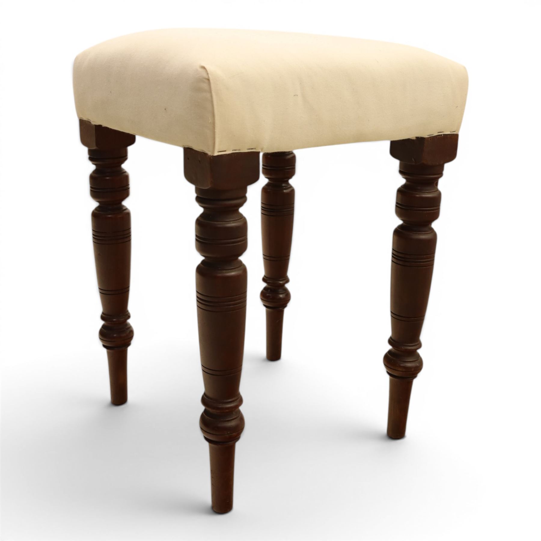 Mahogany living room furniture; mahogany console table and square upholstered mahogany stool, with hidden frieze drawer, raised on turned supports (Stool H 57cm, W 40cm)