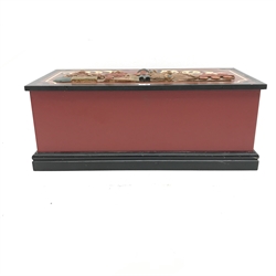 Mid century painted toy box with clown and toy soldier carving, single hinged lid, W84cm, H32cm, D43cm
