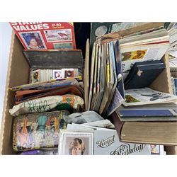 Great British and World stamps, trade cards, ephemera and miscellaneous items, including small number of Queen Elizabeth II mint decimal stamps, Antigua, Ascension, Australia, Australia, Barbados, Basutoland, British Honduras, Canada, Great Britain King George V used seahorses etc, in one box