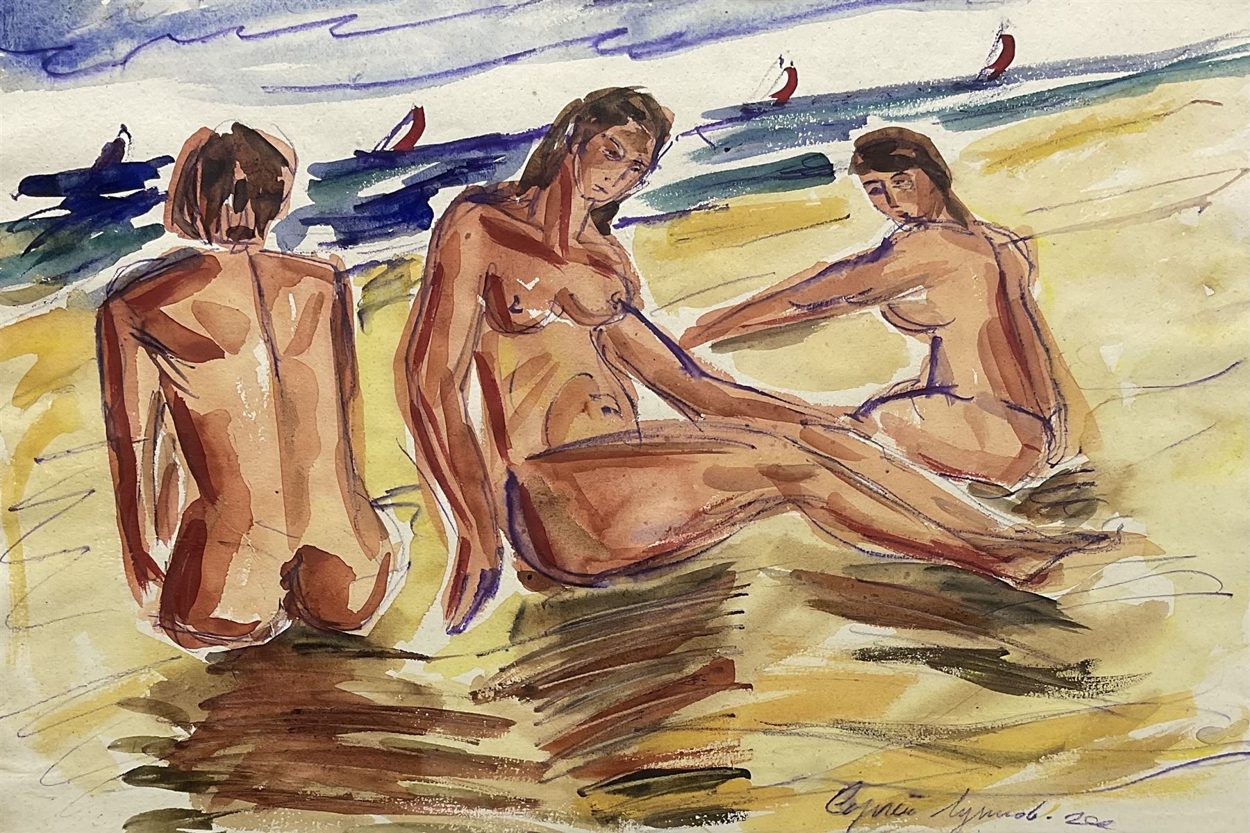 Sergie Luppov (Russian 1893-1977): Three Nude Women at the Beach, watercolour signed and dated '20, 30cm x 45cm
