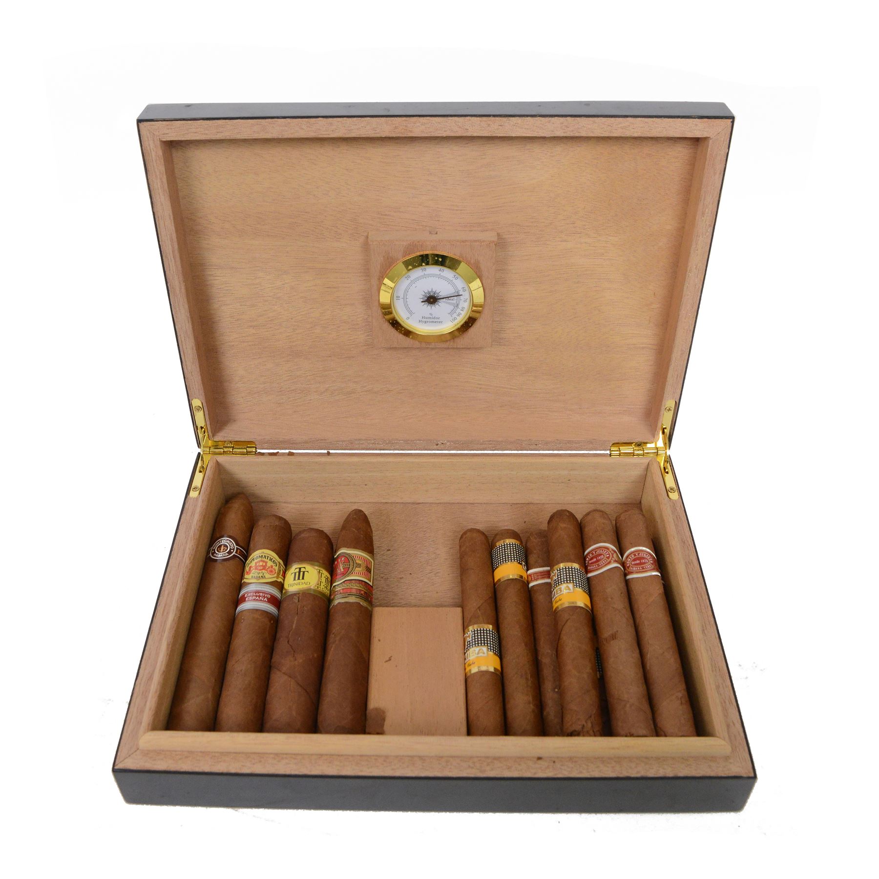 Collection of cigars, including Montecristo, Cohiba, Diplmaticos, and other cigars, within a Montecristo humidor