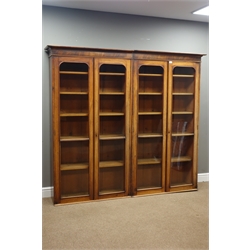  Pair Victorian mahogany bookcases, projecting cornice above figured frieze, enclosed by glazed doors, W197cm, D36cm, H177cm  