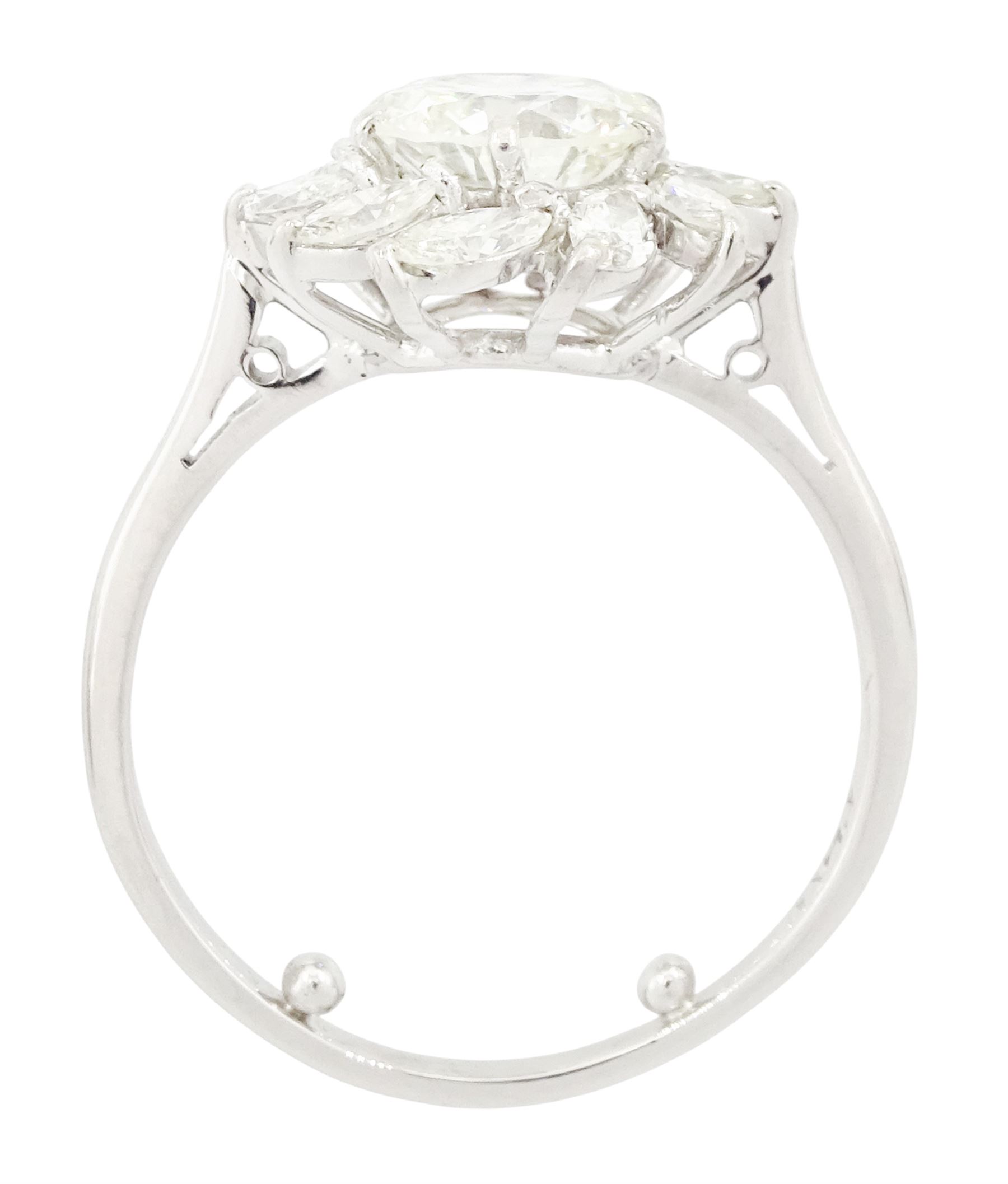 Platinum diamond cluster ring, the principal transitional cut diamond of approx 1.30 carat, surrounded by ten marquise cut diamonds, stamped Plat, total diamond weight approx 1.80 carat