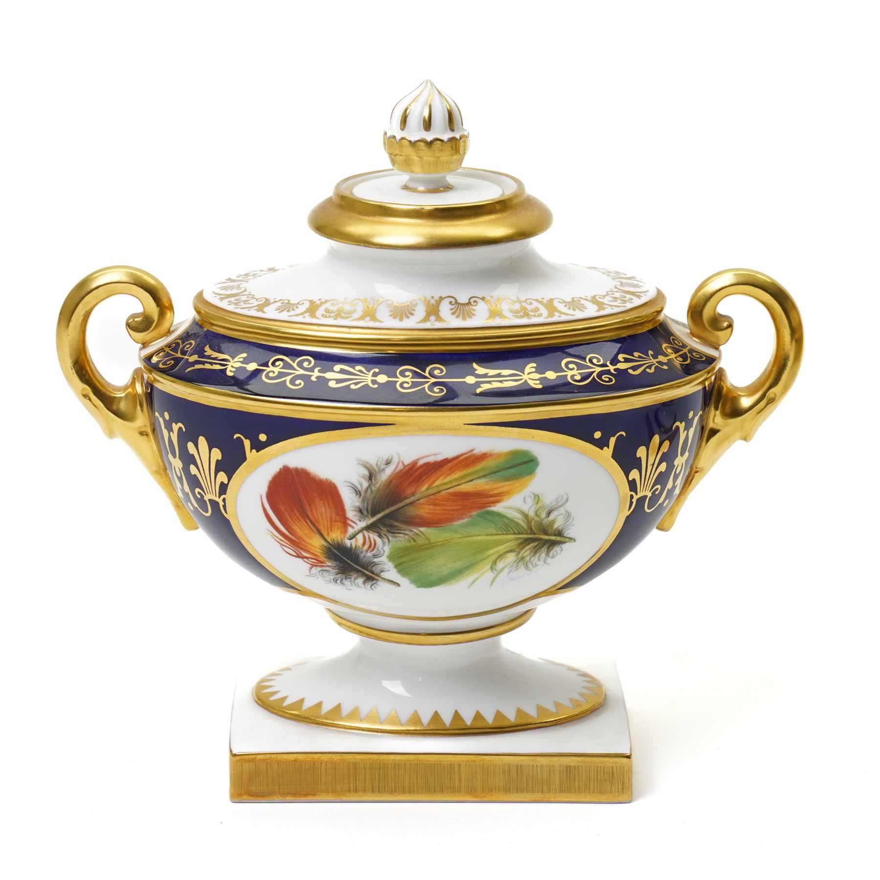 Pair of Royal Worcester Heritage Collection two handled urns and covers painted with opposing oval panels of feathers by David Peplow on pedestal bases W16cm 