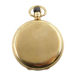 9ct gold full hunter 7 jewels keyless Traveller pocket watch by Waltham U.S.A, No. 23280142, white enamel dial with Arabic numerals and subsidiary seconds dial, case by Aaron Lufkin Dennison, Birmingham 1921