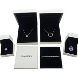 Silver Pandora jewellery including 'Square Sparkle Halo' necklace and matching ring, 'Circle Of Sparkle' necklace, 'Sparkling Slider' tennis bracelet and another stone set ring, all stamped S925 ALE, in original boxes