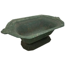 Victorian green painted cast iron planter, shaped and tapering canted rectangular form, on moulded base 