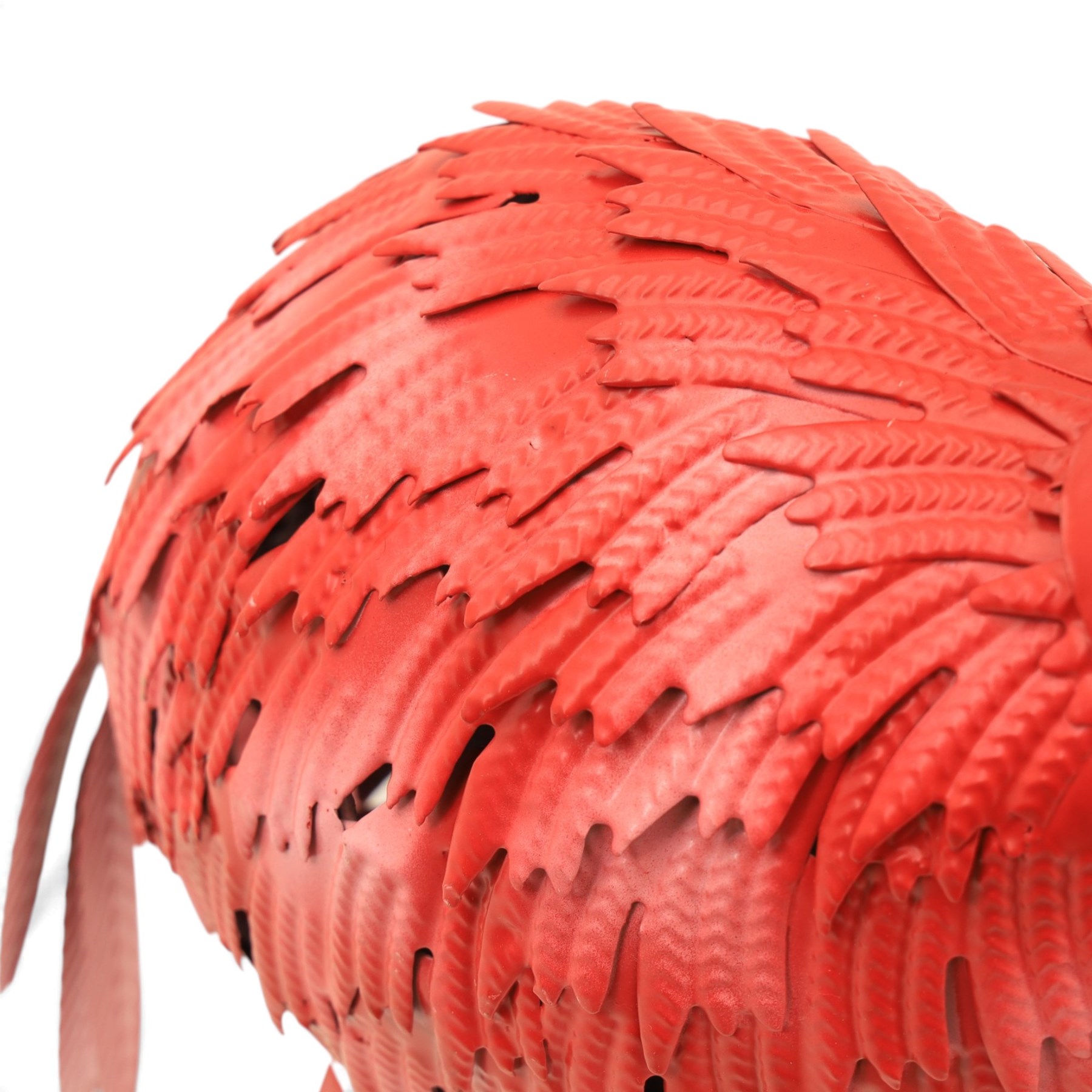 Pair of contemporary pink painted metal flamingos, with elongated curved necks, black-tipped beaks and overlapping pierced metal plumage, on long slender legs terminating in three-toed feet, modelled in differing poses