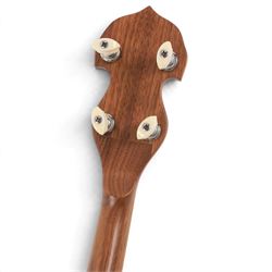 Barnes & Mullins Troubadour four string banjo, with Remo head and mother of pearl inlay to fretboard, in cardboard box, banjo L80cm