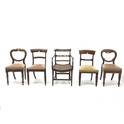 Mixed collection of chairs - early 19th century mahogany chair with Gillows type supports, two Victorian balloon back dining chairs, 19th century mahogany armchair with dished seat and a 19th century mahogany dining chair on tapering octagonal supports (5)