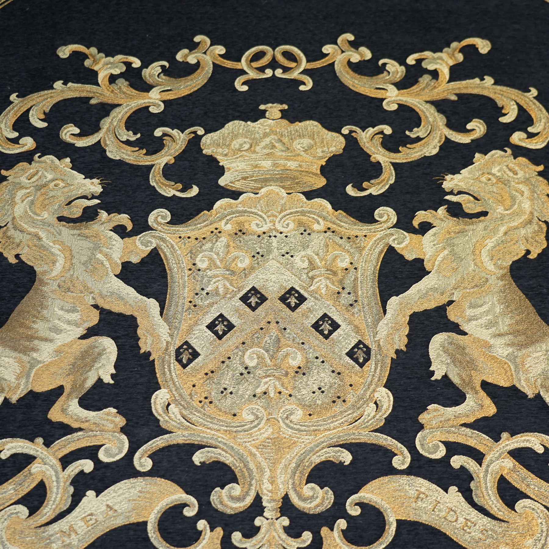 Large heraldic wall hanging, decorated with gilt threads, the central coat of arms over Latin motto 'Mea Gloria Fides' or 'Faith is my Glory',  174cm x 255cm