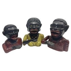 Three early 20th century cast-iron mechanical money banks as a family group comprising mother 'Dinah' patented 1911, father 'Jolly Man' patented 1902 and son 'Little Joe' patented 1910 by John Harper & Co; all with the same hand-to-mouth action; parents H16cm (3)