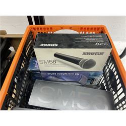 Two Shure SM58 microphones, Gatt Audio DM-700 microphone, other boxed and unboxed microphones and various microphone and music stands