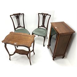 Edwardian inlaid mahogany kidney shaped occasional table (W70cm, H70cm, D45cm) a walnut glazed music display cabinet and two salon chairs
