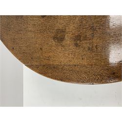 Late 17th century William & Mary oak drop leaf dining table, oval drop leaf top, single drawer to one end, gate action base, turned supports joined by bobbin turned stretchers, 121cm x 135cm, H75cm (open)