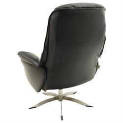 Hjort Knudsen - Danish swivel armchair or desk chair, high back over swept arms, upholstered in black leather, raised on a five-spoke chrome base with swivel action