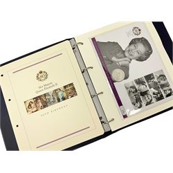 Stamp and coin covers, including 2006 'Her Majesty Queen Elizabeth II 80th Birthday' containing five pounds coin, first day covers relating to Diana Princess of Wales etc, housed in a ring binder folder
