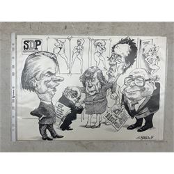Charles Griffin (British 1946-): Collection of five political and social cartoons c.1985, including caricatures of various politicians, Crossroads characters, SDP plans for liberal takeover etc (5) (unframed)