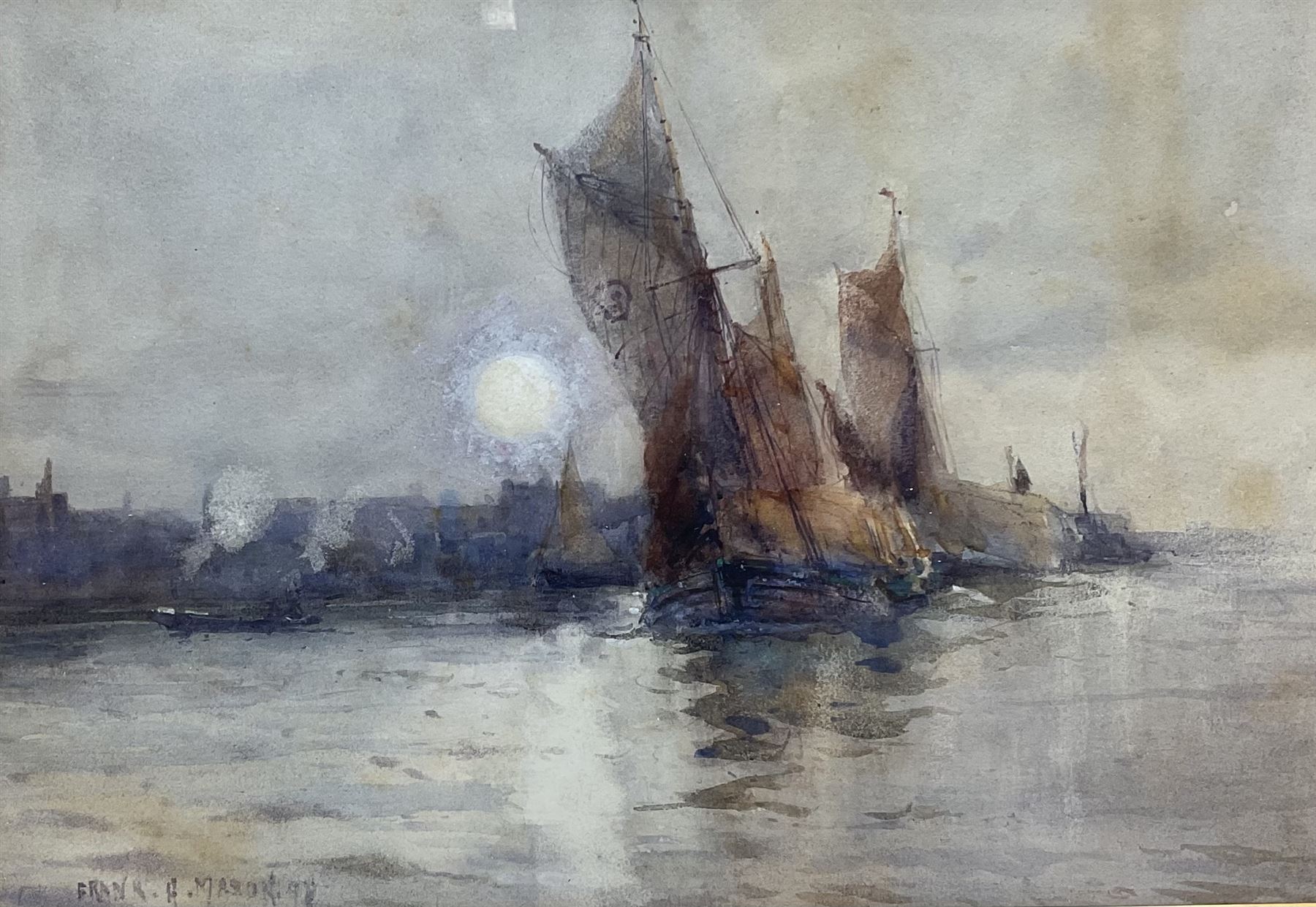 Frank Henry Mason (Staithes Group 1875-1965): Hay Barges at Sunset, watercolour signed and dated '98, 23cm x 34cm