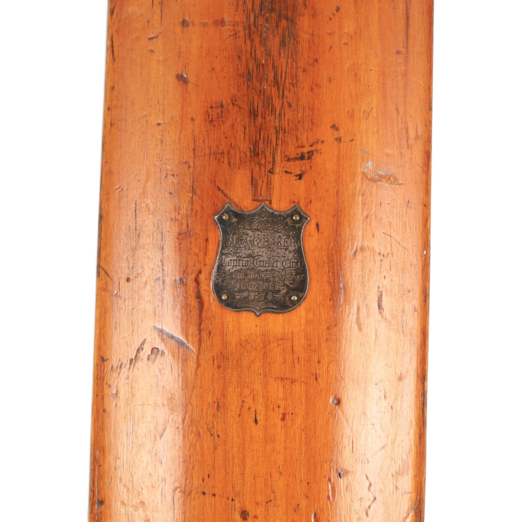 Victorian Jefferies & Malings of Woolwich cricket bat with silver plaque, presented to A.G. Baker for the Highest Average December 1874, together with a Gunn & Moore Ltd 'The Autograph' cricket bat (2)