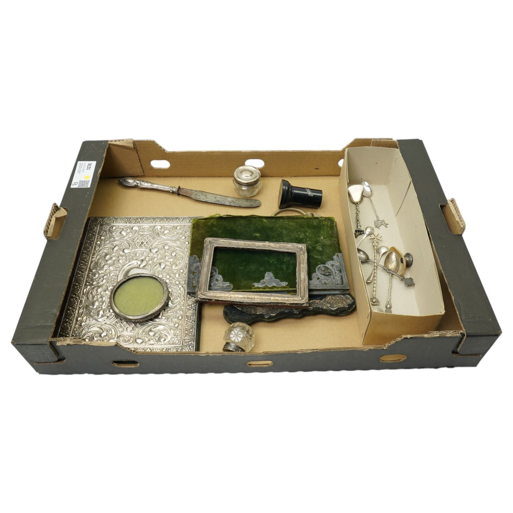 Edwardian silver folding desk blotter Sheffield 1904, three silver mounted frames, silver spoons etc