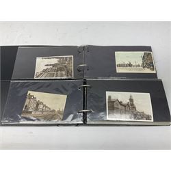 Postcards and postal history, including WWII period items, topographical postcards, military themed postcards including 'Daily Mail Battle Picture', 'War Bond Campaign Post Card' etc, housed in three ring binder albums, and an album containing various photos of men in military uniform dating from the late 1940s