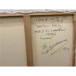 James Lishman (British 1931-2024): 'Pit Stop - Damon Hill World Formula 1 Champion 1996' and 'Rounding the Horn', two oils on canvas signed, titled and dated '97 verso 66cm x 79cm (2) (unframed)