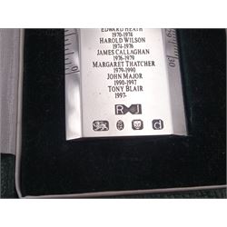 Modern silver 'Premier Rule' ruler, by Richard Jarvis of Pall Mall, engraved with the names and dates of British Prime Ministers from 1721 to 1997,  hallmarked Richard Jarvis, London 2003, L33.5cm, within silk and velvet lined fitted case
