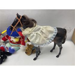 Sindy - fashion  doll and quantity of clothing together with horse and accessories; four 1980s Golden Girl fashion dolls with assorted clothing; collection of Britains and other plastic farm and zoo animals; and various soft toys including Pound Puppies, My Little Pony, Sylvanian Families etc
