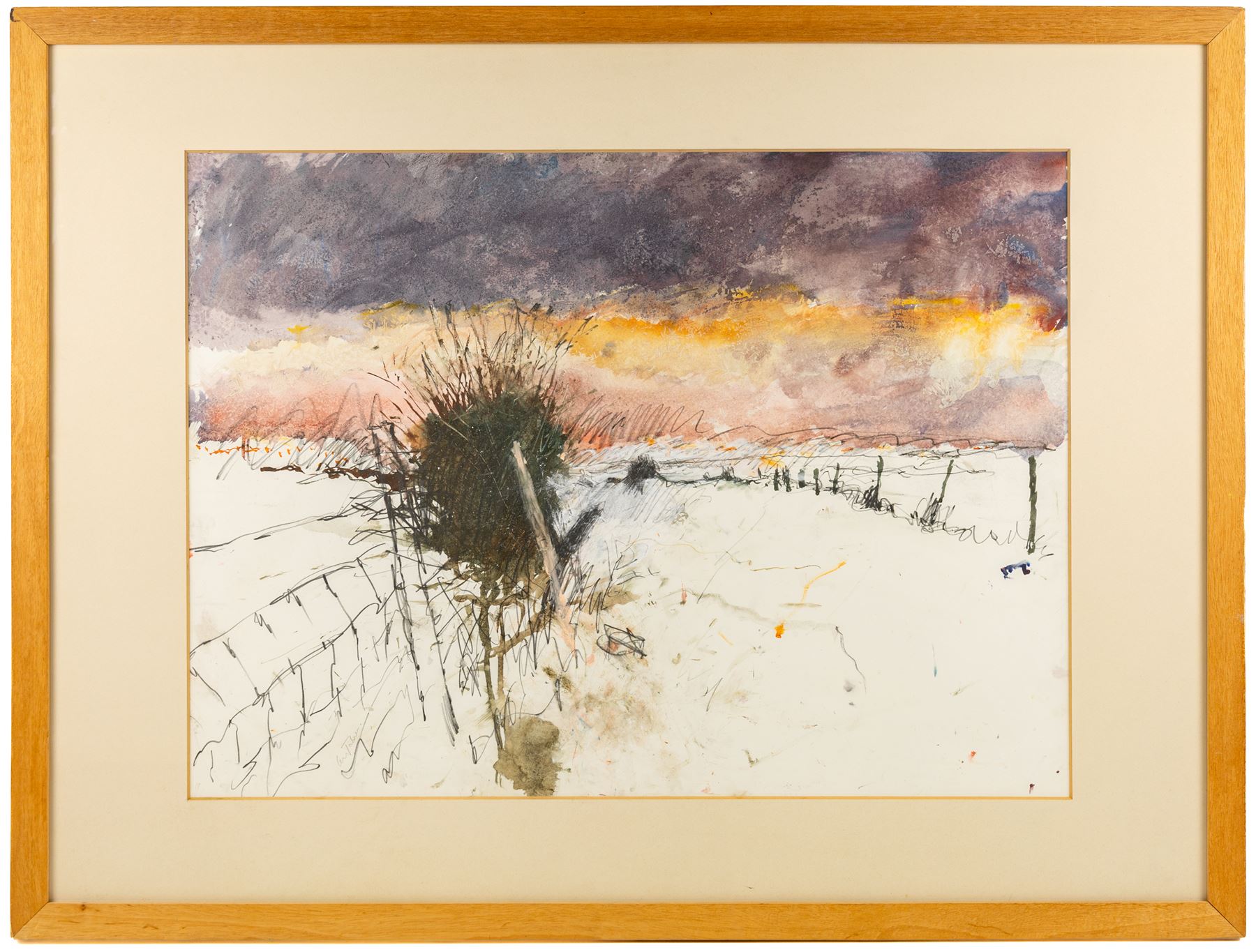 Len Tabner (British 1946-): 'Evening Snow on the Road to Lofthouse - Study', mixed media c.1983-1984 signed 55cm x 75cm 
Provenance: gifted to the vendor by the artist. We are grateful to the artist for his assistance in cataloguing this lot.