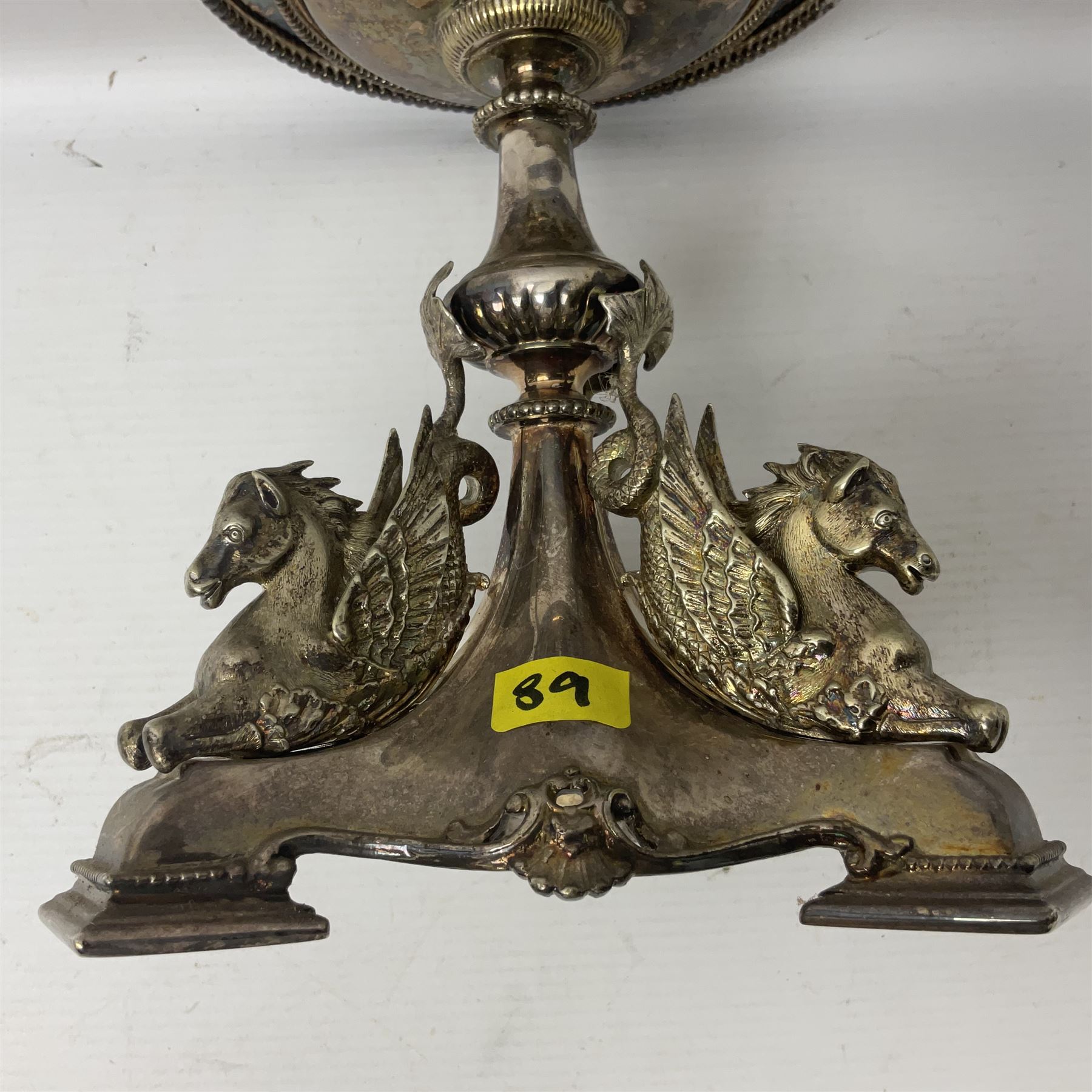 Silver plated centrepiece, with a triform base formed as three Hippocampus with beaded detail, numbered 3682 to the base, H18cm 