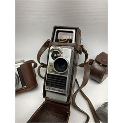 Ensign Ranger II folding roll film camera, Beirette Junior II camera and Bell & Howell 624 EE Autoset hand-wind cine camera, all in cases