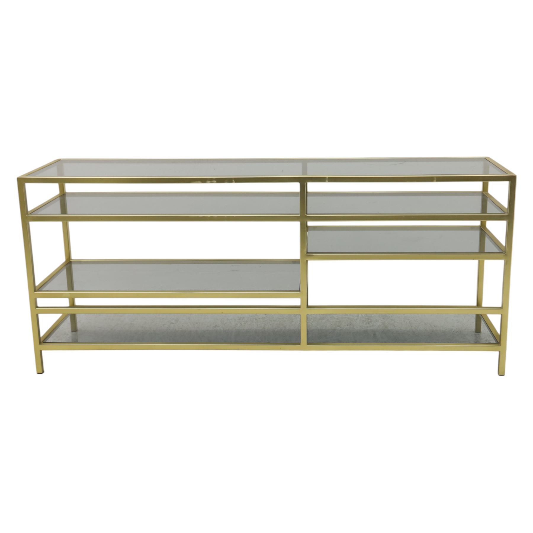 Modern glass and gilt metal media stand, rectangular smoked glass top panel set within a gilt finished metal surround, raised on square section legs, the underside fitted with a full-width glass shelf