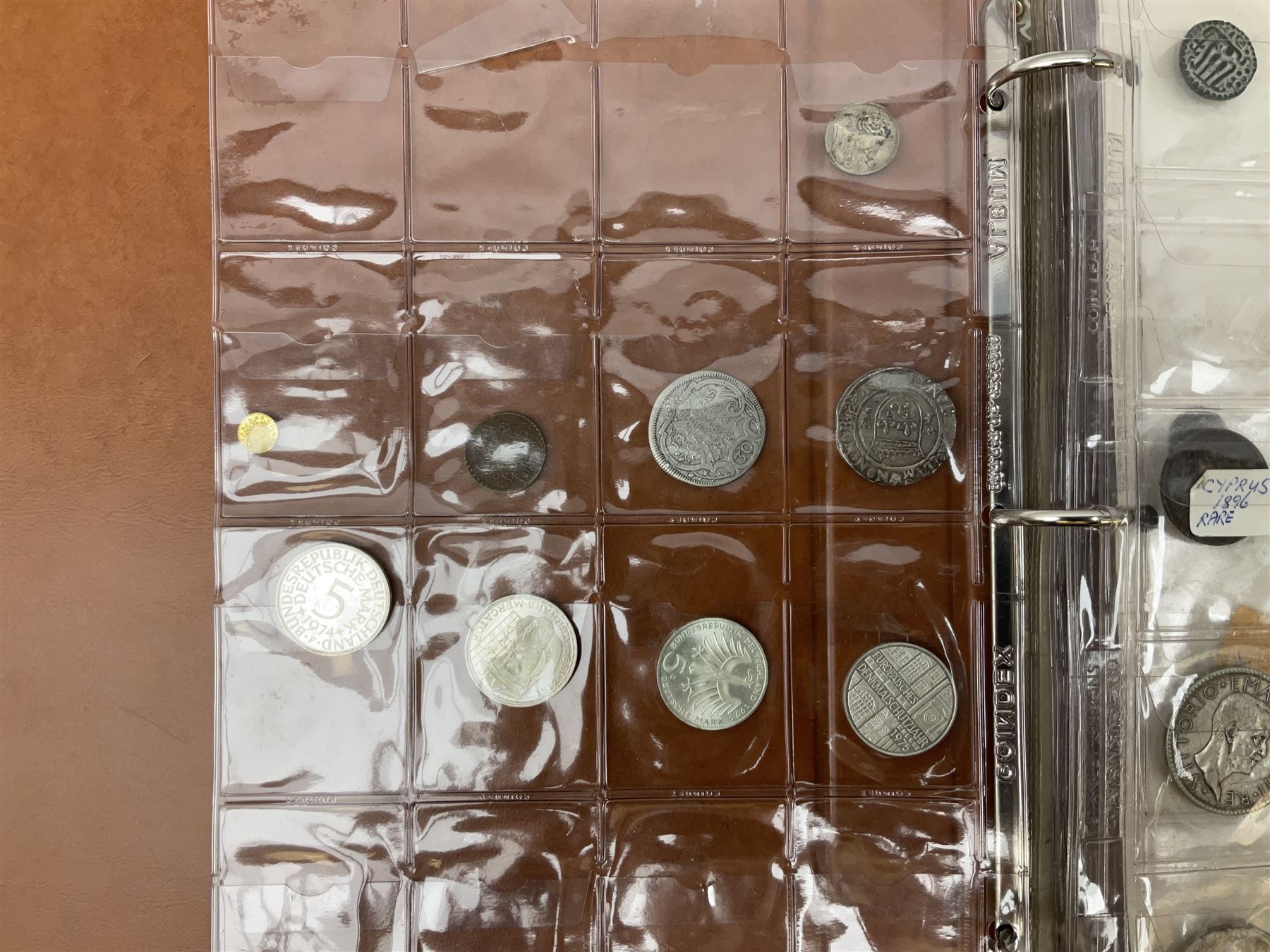 World coins and related items, including Maria Theresa restrike thaler, German silver five deutschmark coins, Sudan 20 piastres, Netherlands 1848 1/2 guilder, United States of America 1964 half dollar etc, small number of fantasy/replica coins etc, housed in a ring binder album 