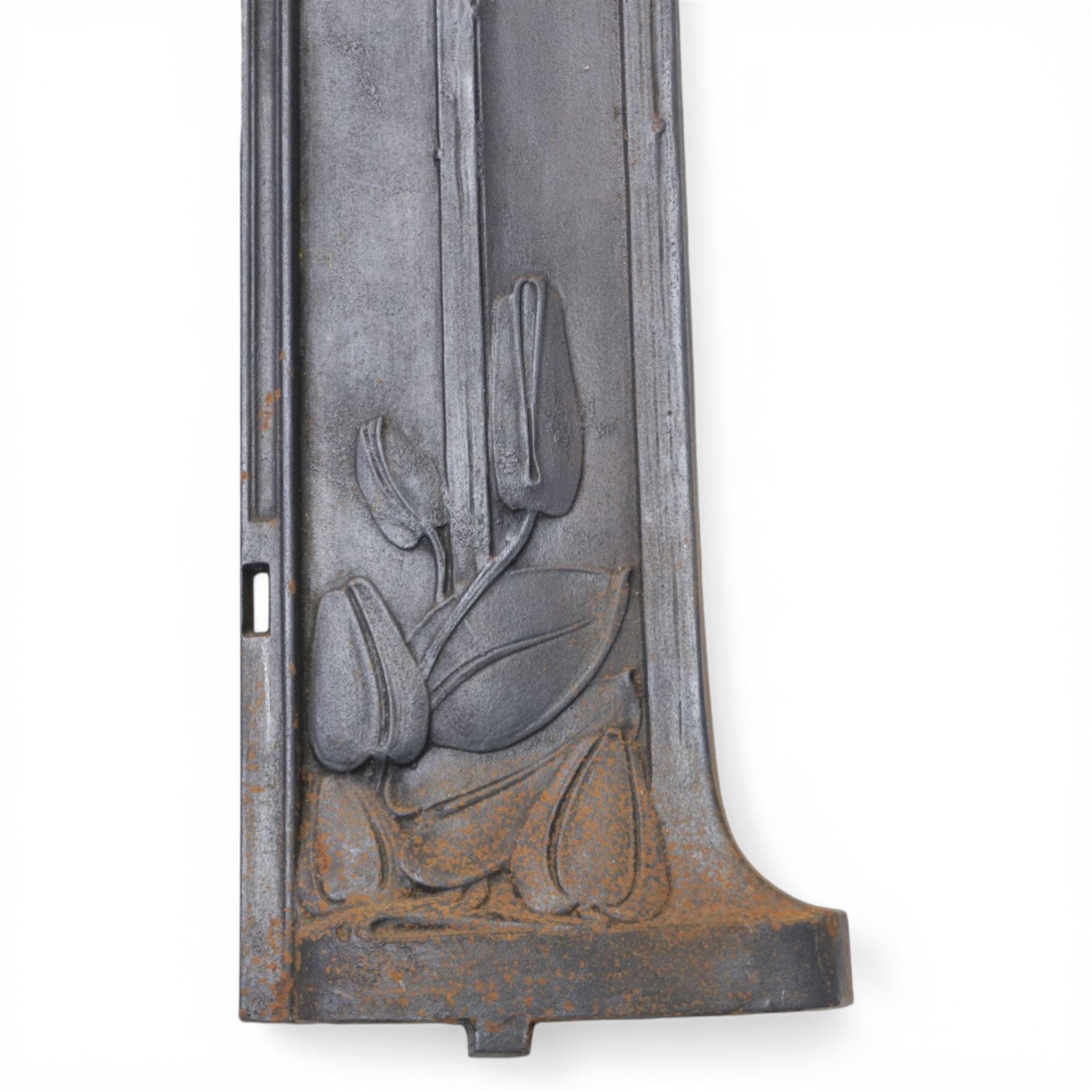 Art Nouveau cast iron fireplace, shaped hood with scrolling foliate crest, relief cast panel of female figure seated within shell form amidst wave motifs, uprights cast with foliate designs
