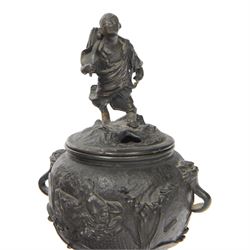 Pair of Japanese bronze koro, raised upon three feet, he body of the koro decorated with figures and animals, the cover mounted with figures, H24cm