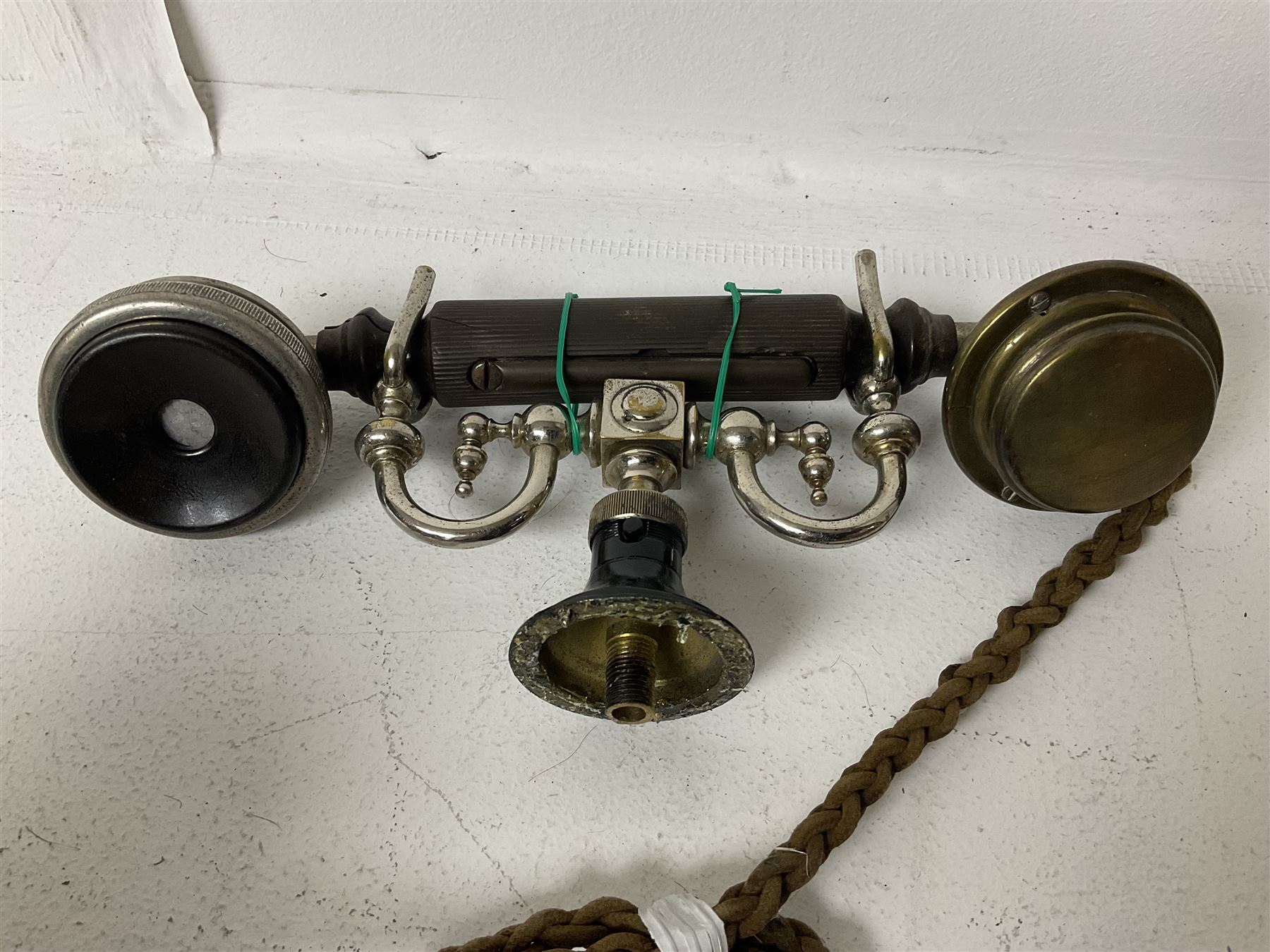 Early 20th century Skeleton Type telephone, probably made by Ericsson, marked MR No. 16, with headset, H30cm