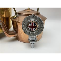Brass coal bucket, embossed with lion to front and 1529 verso, together with an Royal Automobile Club Associate car badge and a copper kettle, bucket H 18.5cm