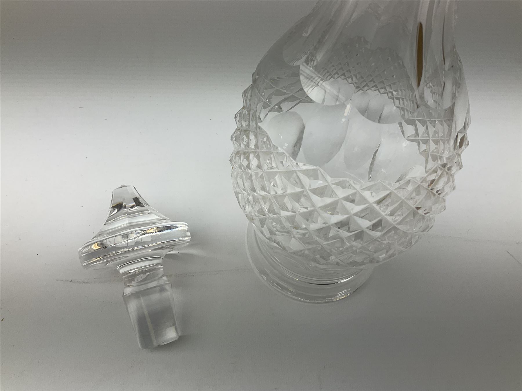 Waterford Crystal Coleen pattern cut glass decanter, together with a set of four plain mallet shaped decanters, and a further decanter of flask form, (6)